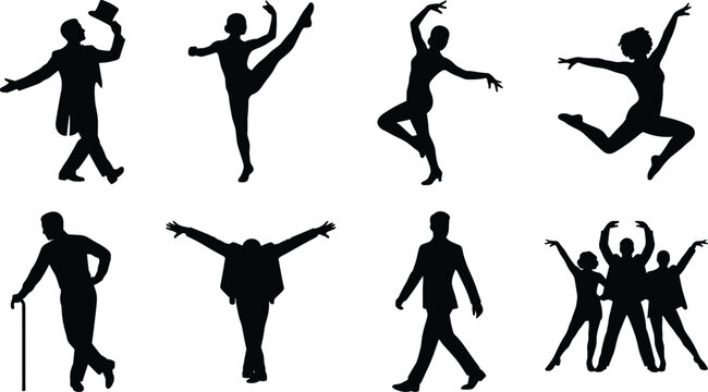 Professional dancers silhouette set featuring ballet contemporary jazz performance broadway entertainers theatrical choreography and elegant musical theatre poses