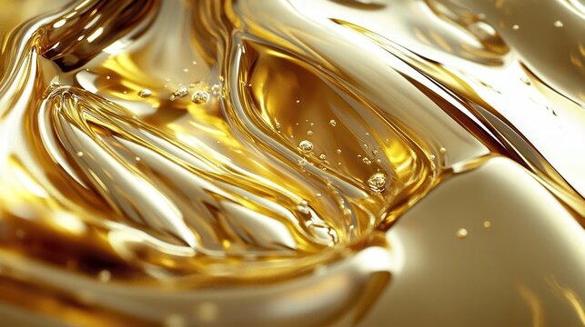 Molten liquid gold with captivating reflections and subtle bubbles, showcasing industrial refinement and precious material essence
