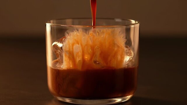 Rich espresso pouring iced glass with milk swirl