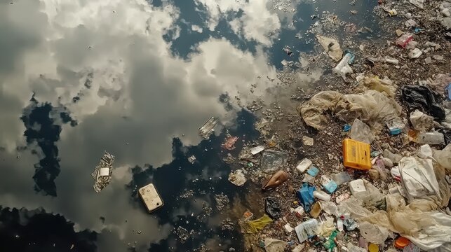 Polluted river with floating trash and chemical sheen under a cloudy sky, aerial view