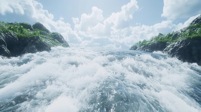 Powerful river flows dynamically through rugged mountain terrain under dramatic skies