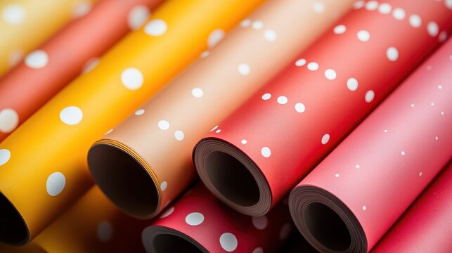 Rolls of Festive Christmas Wrapping Paper with Polka Dots and Stripes in Vibrant Colors
