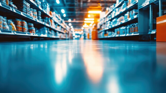 Reflective floor in a brightly lit retail store aisle showcasing rows of merchandise