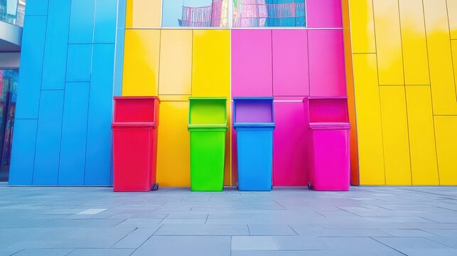 Row of brightly colored recycling bins filled with improperly sorted waste against a vibrant urban wall
