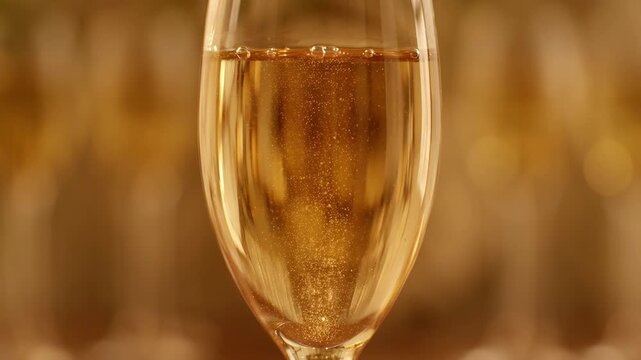 Golden bubbles in sparkling champagne glass