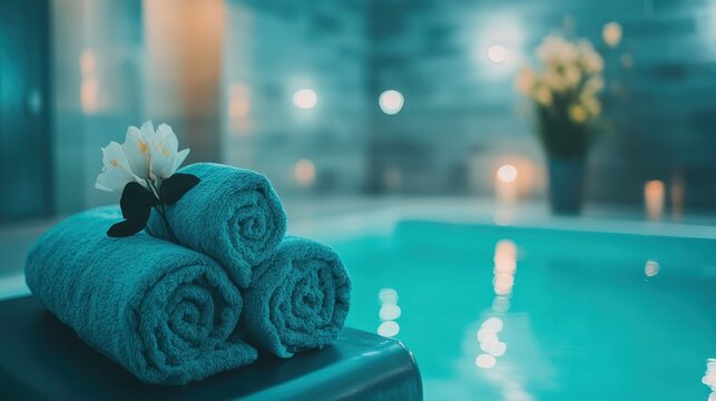 Serene Spa Setting with Rolled Teal Towels and Tranquil Pool Ambiance