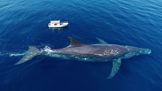 Whale swimming small boat in the ocean