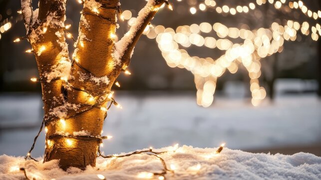 Snow-covered tree branches adorned with warm Christmas lights creating a cozy, festive winter scene