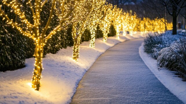 Snowy pathway illuminated by warm Christmas lights creating a cozy and magical winter ambiance