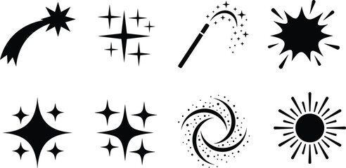 Magic sparkles and glowing star icons vector set featuring shooting star magic wand burst swirl and sunburst symbols © Sirajul