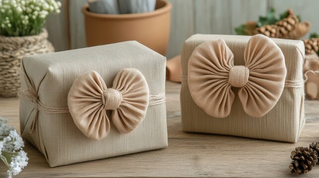 Two handmade gifts wrapped in rustic beige paper with large fabric bows sitting on a wooden table