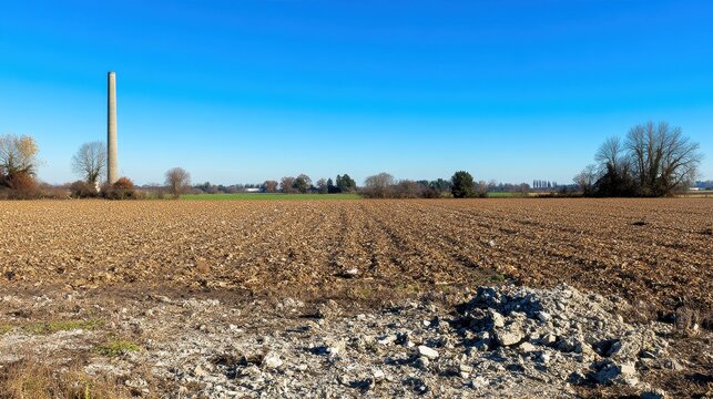 Vast Tilled Agricultural Field Under Clear Blue Sky