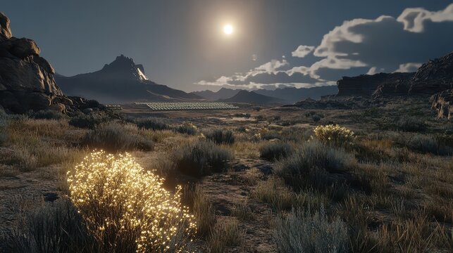 Vast solar energy farm situated in a remote desert landscape under a bright sun with mountains in the background.