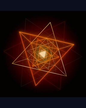 Glowing orange neon nested geometric star shapes rotating continuously against a solid black background