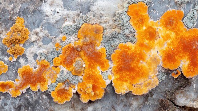 Vibrant orange lichen growing on a textured grey rock surface, showcasing intricate natural patterns and organic detail.