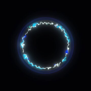 Animated glowing blue electrical energy lightning circle ring pulsing on a solid black background