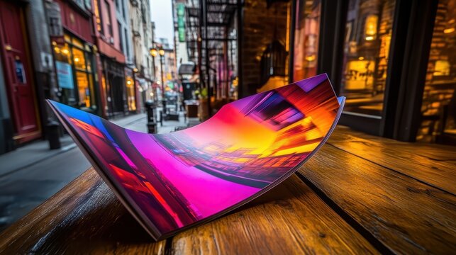 Vibrantly Colored Promotional Brochure with Eye-Catching Graphics Resting on a Wooden Table in an Urban Setting