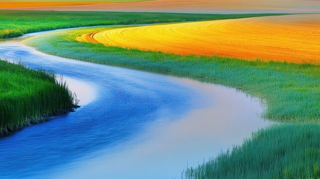 Vibrant Wetland Landscape with Agricultural Runoff, Showcasing Nature's Colors and Rural Scenery