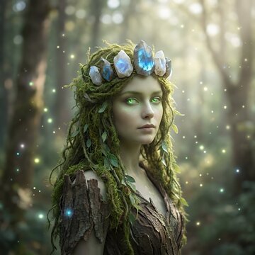 Forest spirit woman with crystal crown and glowing eyes