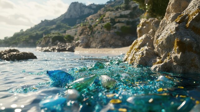 Visible microplastic contamination litters a sunlit ocean shoreline, highlighting the urgent need for environmental awareness and action.