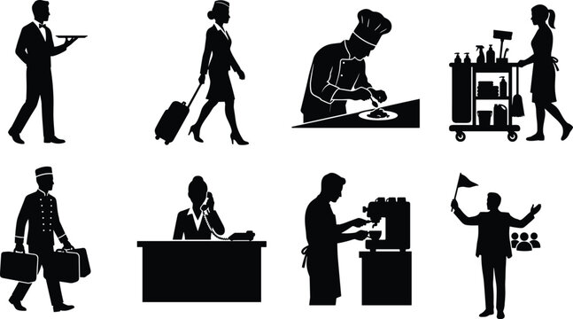 Hospitality and tourism industry professions silhouette set featuring waiter flight attendant chef housekeeper bellboy receptionist barista and tour guide