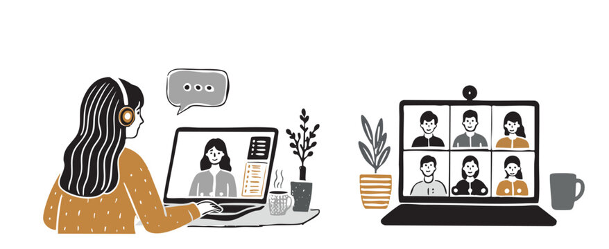 Modern flat illustration set of online communication and remote work. Woman wearing headphones attending an online meeting on a laptop and group video conference displayed on a computer screen.