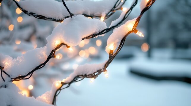 Warm Christmas Lights Adorn Snowy Branches in a Winter Wonderland