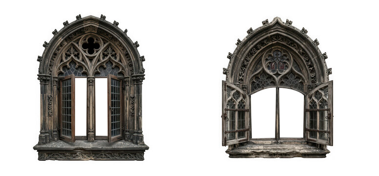 Set of two antique gothic windows with stone frames isolated on transparent background