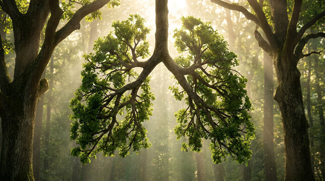 Forest trees shaped like human lungs with sunbeams.
