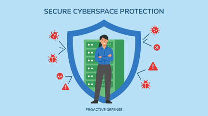 A man stands confidently in front of a green server with a blue shield protecting it from various red virus threats in cyberspace. © Fendi