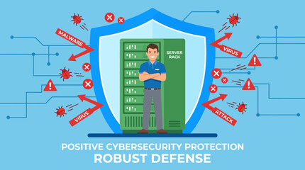 A man confidently stands in front of a green server within a blue shield, surrounded by warning symbols and icons representing robust cybersecurity protection and defense. © Fendi