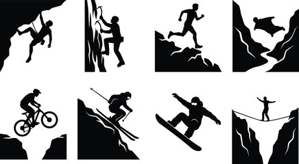 Extreme sports and mountain adventure silhouette set featuring rock climbing trail running mountain biking skiing snowboarding and wingsuit flying © Sirajul