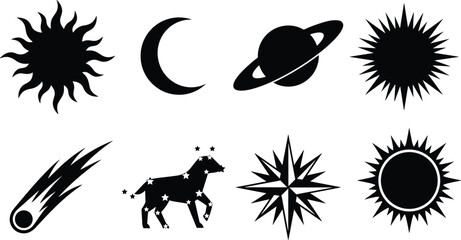 Celestial and astrology vector icon set featuring sun moon planet saturn comet constellation and various shining star symbols © Sirajul