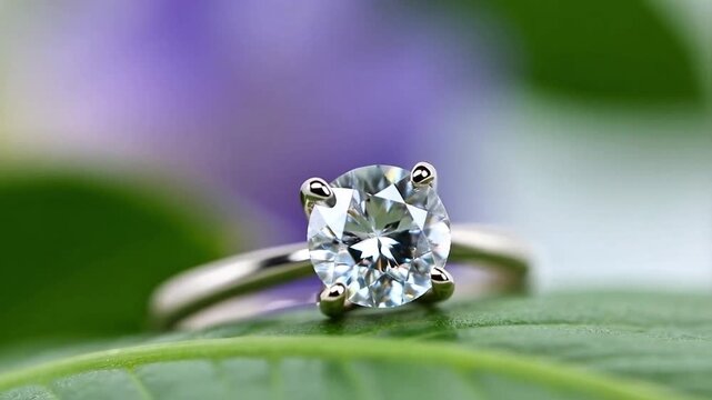​A beautiful macro shot of a classic solitaire diamond engagement ring resting gently on a vibrant green leaf