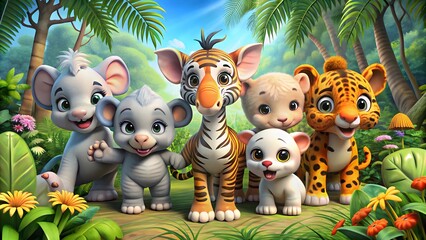 Fototapeta premium Group of cartoon jungle animals posing together in a lush forest