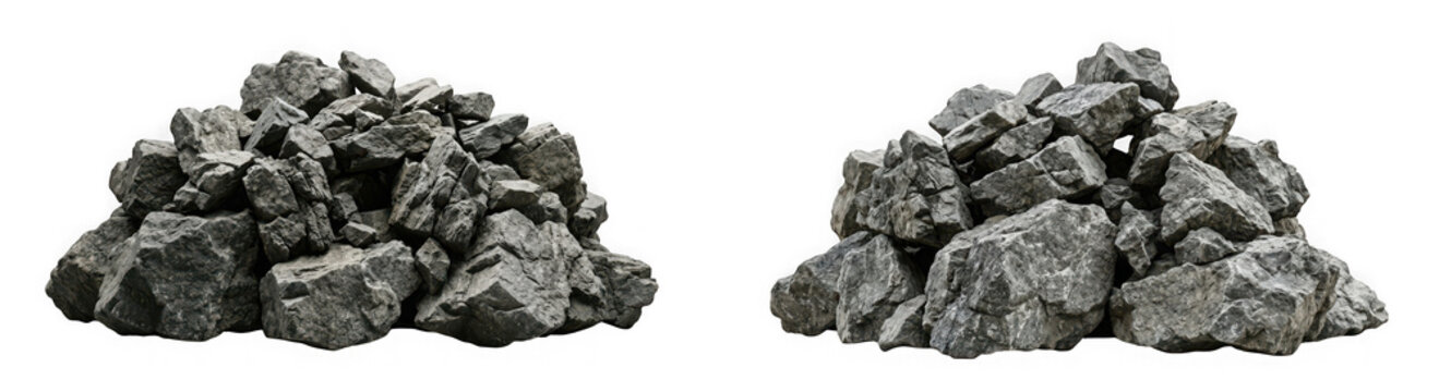 Two piles of dark gray granite rocks isolated on transparent background