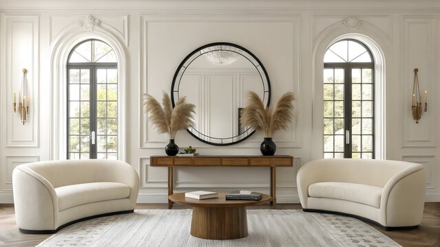 Modern round mirror with plants on console between arched windows