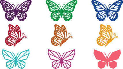 Obraz premium Decorative Butterfly Vector Silhouette Collection Featuring Ornate Lace Filigree Geometric and Minimalist Insect Wing Illustration Designs for Crafts and Graphic Templates