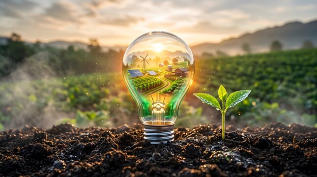 Clear lightbulb with clean wind turbines inside standing in dark organic soil next to small growing green sprout, renewable energy, nature, ecology, sustainable power generation presentation slide