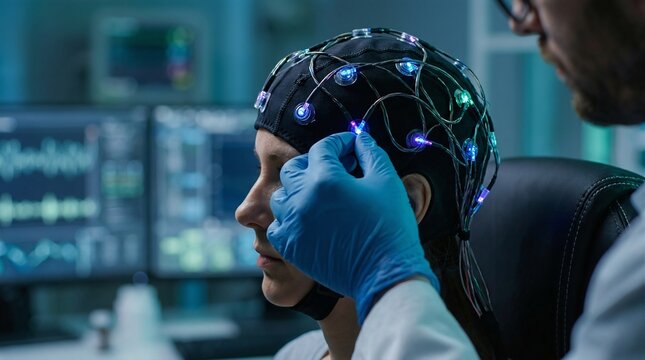 Researcher Calibrating Brain Computer Interface BCI Headset on Subject