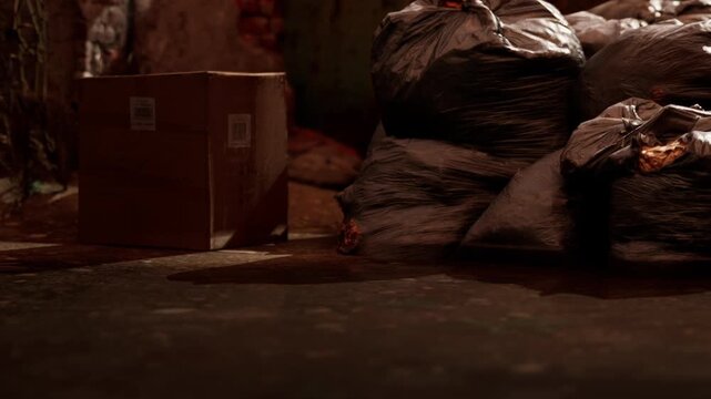 Bags filled with trash are stacked in a corner near a cardboard box. The lighting is low, and the surroundings suggest an untidy location. The floor is uneven and dark.
