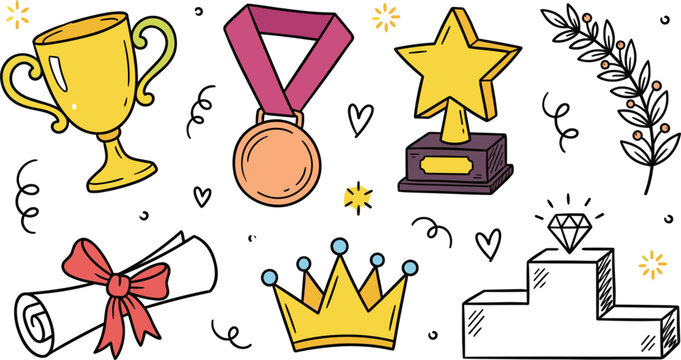 Hand Drawn Award and Achievement Doodle Icon Set Featuring Trophy Medal Star Certificate Crown and Podium Elements for School and Business Success Designs