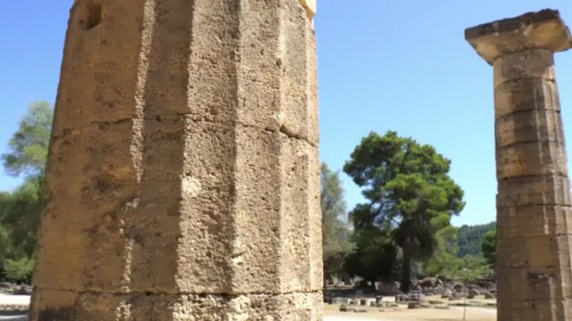 Ancient column Heraion ruin at Olympia archaeological site in Greece