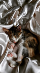 Naklejka premium sleeping calico kitten curled up on cozy bed, adorable fluffy calico cat resting peacefully indoors, cozy closeup of sleeping tricolor kitten on soft bedding