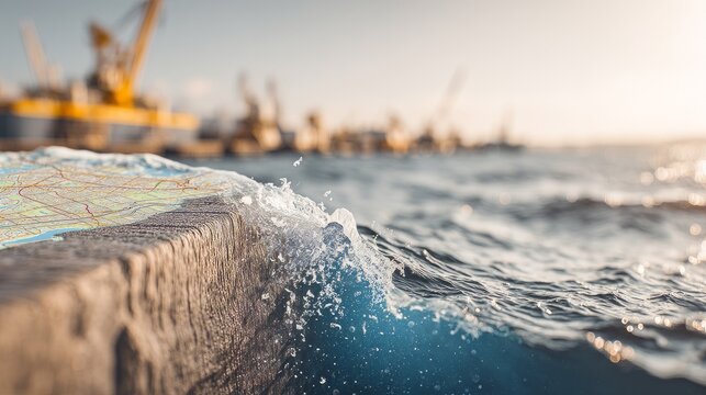 Urban Port Topography Overlaid on Ocean Floor with Water Wave Interaction