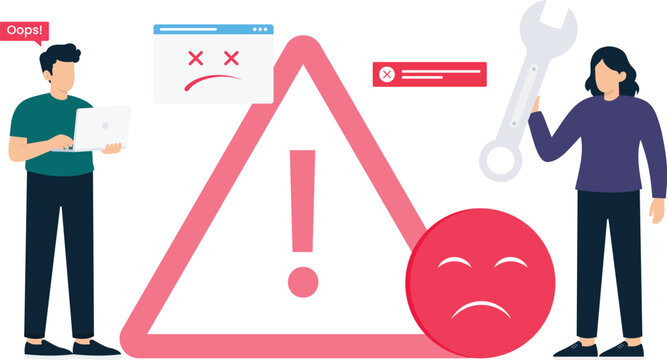 Website error system failure technical support computer repair software bug maintenance page troubleshooting process digital problem warning sign customer service data crash online glitch