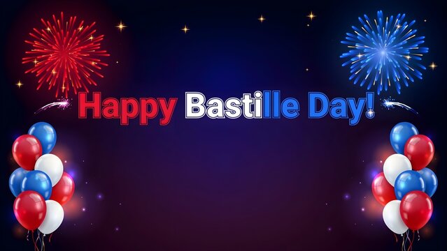 Happy bastille day celebration with fireworks and balloons