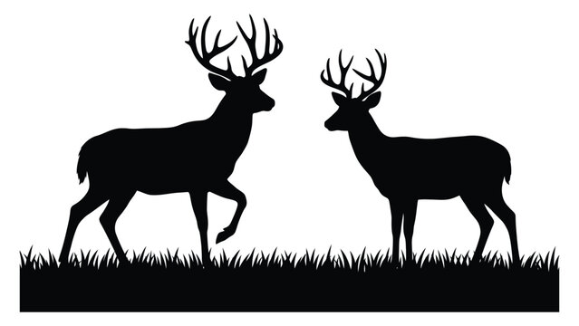 Stags stand facing each other in a grassy meadow illustrated in a clean black and white silhouette style.