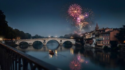 Fireworks over bridge at night with crowd