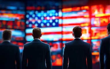 Fototapeta premium Election Security Team Analyzing Data on Digital Screens with Flags